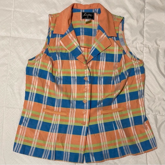 Vintage Sweet Suit Plaid Notched Collar Sleeveless Blazer | Sherbet Colors - Picture 1 of 10